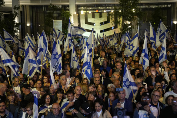 Left-wing Israelis, protesting against the plans to overhaul the judicial system, hold an alternative Independence Day observance in Tel Aviv on Tuesday.