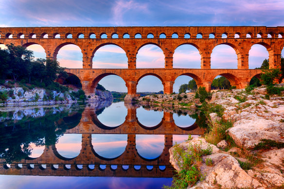 Picturesque Roman aqueduct, Pont du Gard.