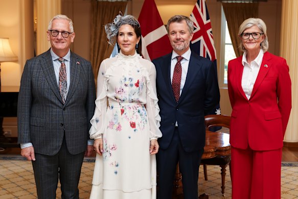 From left: The governor-general’s husband Simeon Beckett, Queen Mary of Denmark, King Frederik X of Denmark and Governor-General Sam Mostyn at Government House on Sunday.