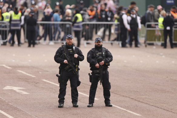 Armed Met officers on patrol ahead of the coronation of King Charles III.