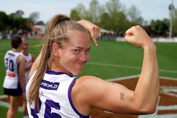 Dockers forward Eden Zanker celebrates the team’s win in Adelaide.