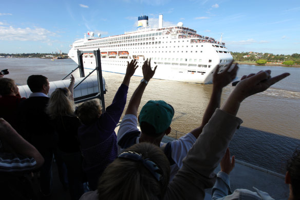 The Pacific Dawn being welcomed back to Brisbane after a voyage.