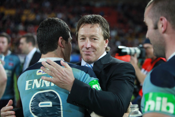 Blues coach Craig Bellamy and hooker Michael Ennis after the game three win.