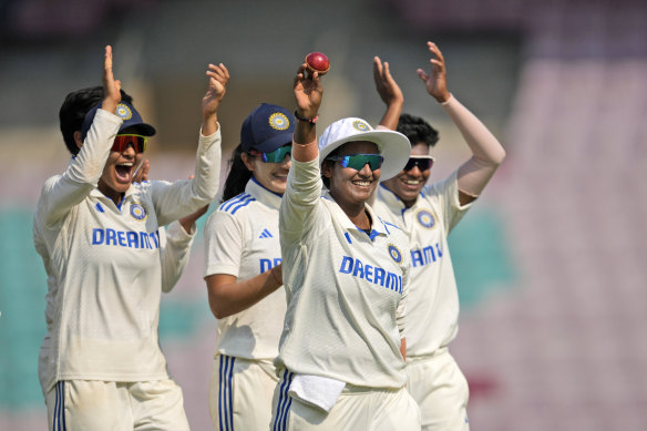 India’s Deepti Sharma celebrates after a five wicket haul against England.