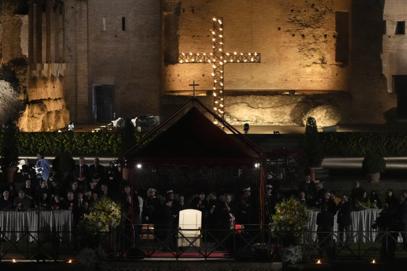 Pope Francis’ chair is seen prior to start of the Via Crucis (Way of the Cross) at the Colosseum on Good Friday in Rome.