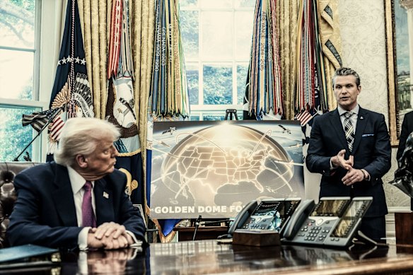  Donald Trump and Defence Secretary Pete Hegseth brief the press on the Golden Dome on May 20.