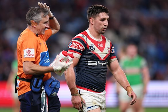 Victor Radley is taken from the field for a head injury assessment in round 13 against the Raiders.