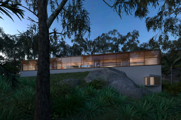 The render of a four-bedroom house in Seaforth designed by Glenn Murcutt in 1969 for his mother which was designed around a large rock. 