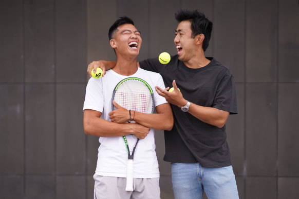 Support network: Li Tu has a laugh with his best mate James ahead of the Australian Open. 
