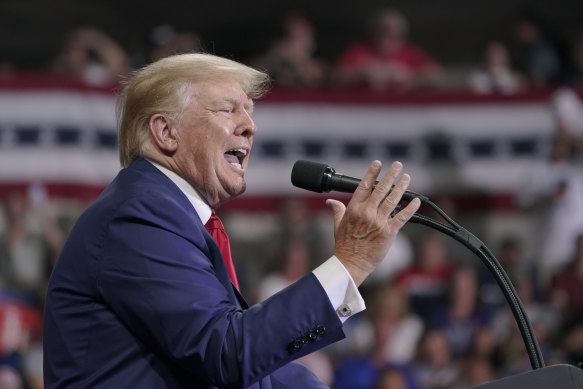 Former President Donald Trump speaks at a rally last month.