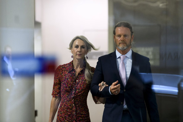 Craig McLachlan leaving his lawyer's chambers in Sydney on Monday with his partner Vanessa Scammell.