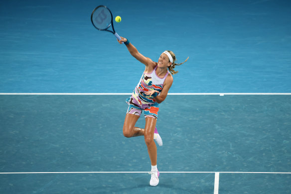 Victoria Azarenka takes an early against Jessica Pegula on Tuesday night. 