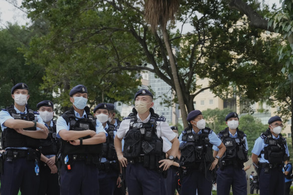 Police officers stand guard at the Hong Kong’s Victoria Park last weekend after authorities again banned commemorations of the anniversary of the Tiananmen Square massacre.