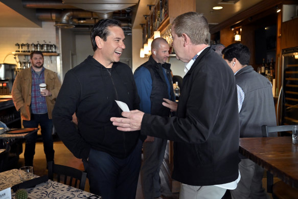 Democrats candidate Cisco Aguilar, left, in Las Vegas. He is challenging Republican Jim Marchant to be Nevada Secretary of State.