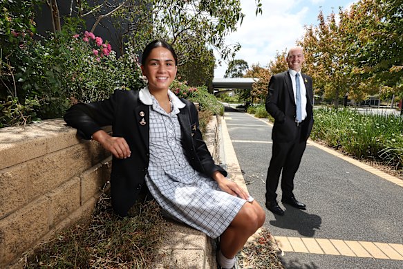 Yarra Valley Grammar graduate Shakira Harding, 18, with head of English Dale Hughes.