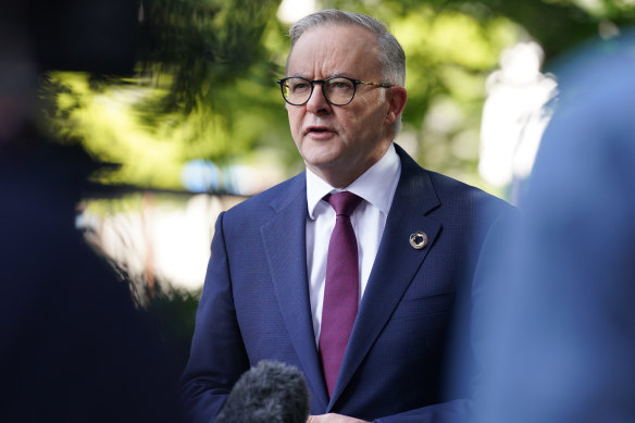 Prime Minister Anthony Albanese speaking on Sunday in Japan.