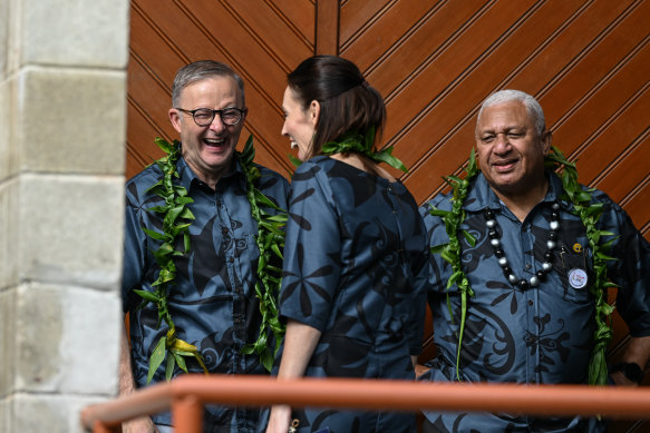 Anthony Albanese with New Zealand PM Jacinda Ardern and Fiji’s leader Frank Bainimarama on Thursday.