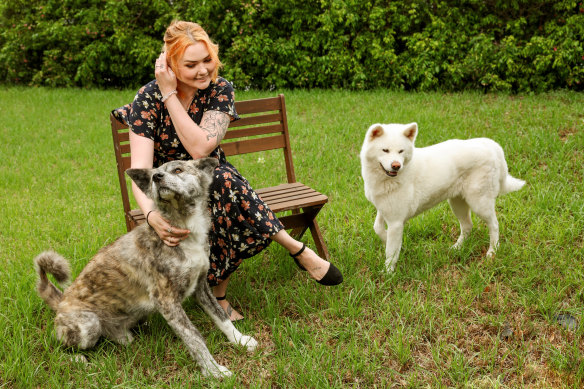 Jessica Comish with her dogs Dutch and Momo at her home on the south coast. 