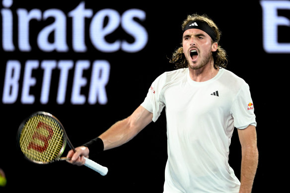 Stefanos Tsitsipas on Rod Laver Arena on Tuesday night.