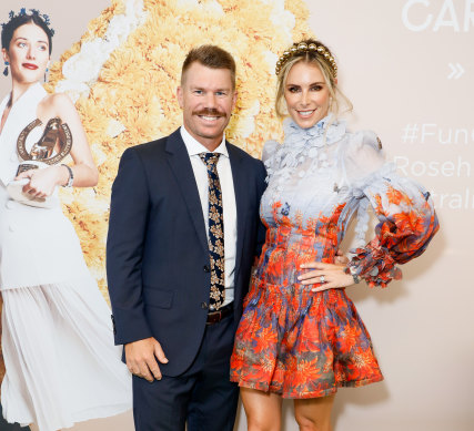Candice and David Warner at the Golden Slipper at Rosehill Gardens in 2021.