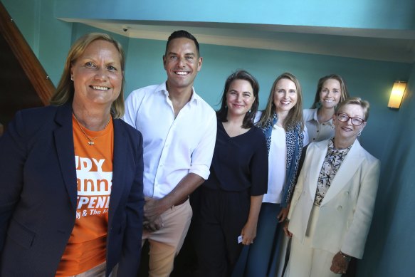 Judy Hannan (left) with fellow independent candidates Alex Greenwich, Victoria Davidson, Joeline Hackman, Jacqui Scruby, and Helen Conway at their campaign launch.