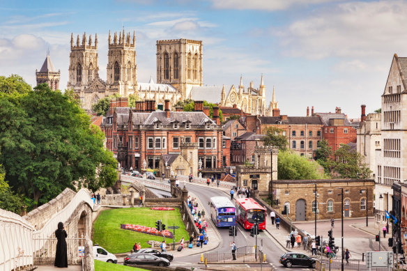 The medieval York Minster and one of the city walls.