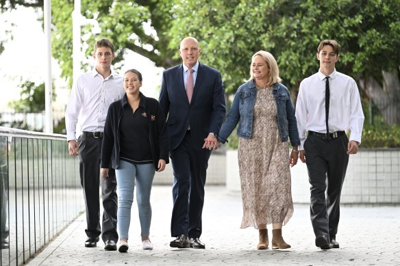 Peter Dutton with his family (left to right) son Tom, daughter Rebecca, wife Kirilly and son Harry in Brisbane.