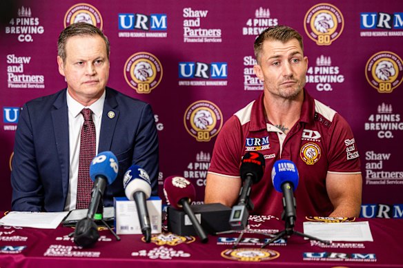 Manly owner Scott Penn announced Kieran Foran (right) as interim head coach on Saturday following the sacking of Anthony Seibold. 