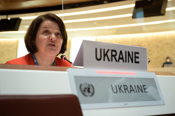 Ukraine’s ambassador Yevheniia Filipenko speaks at the opening of the 49th session of the UN Human Rights Council in Geneva, Switzerland.