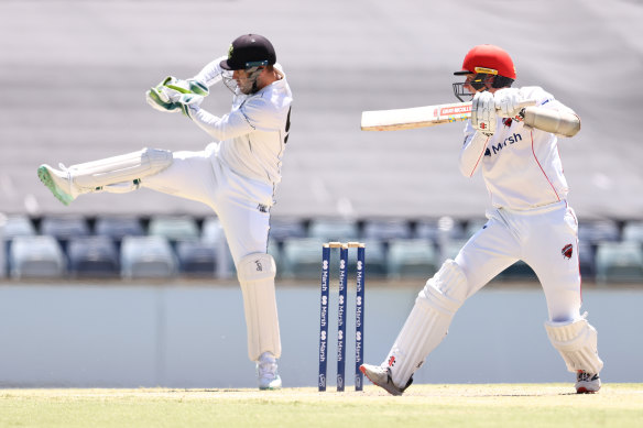 Brendan Doggett of South Australia bats during day four of the Sheffield Shield match between WA and SA at the WACA on Monday.