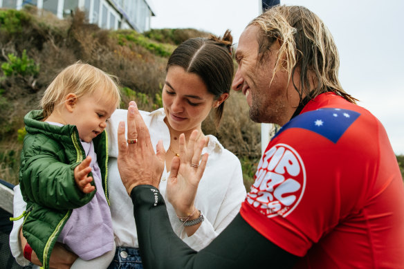 Owen Wright with wife Kita and daughter Rumi at last year’s Ripcurl Pro at Bells Beach.