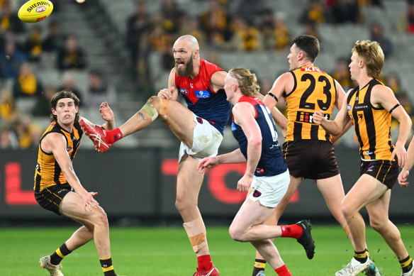 Max Gawn kicks during the Demons’ win over Hawthorn.