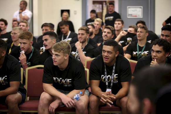 Young rugby league players listen during NRL workshops, given by the Wellbeing and Engagement Programs Department.