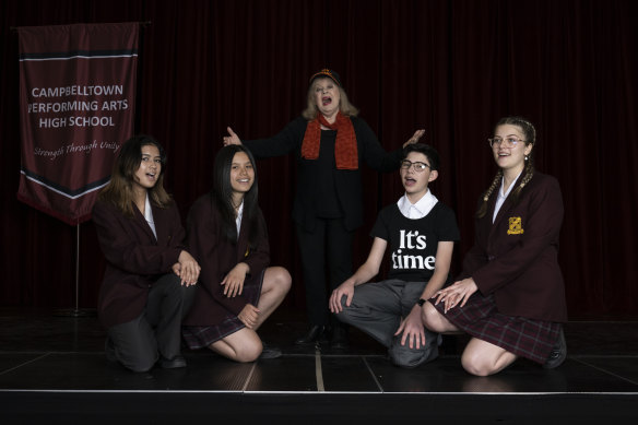 Little Pattie (Patricia Amphlett) who performed in the “It’s Time” 1972 election campaign will conduct a school choir from Campbelltown Performing Arts High School next week. Students from left to right Caitlyn Santos, Lilyana Watson, Tyrone Brincat and Killara Hughes.