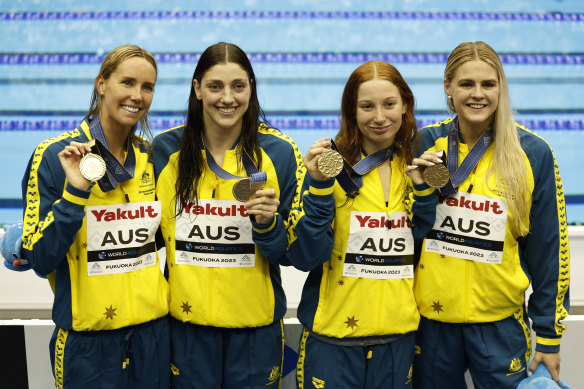 Australia’s 4x100m freestyle relay team  members with their gold medals at last year’s world championships. 