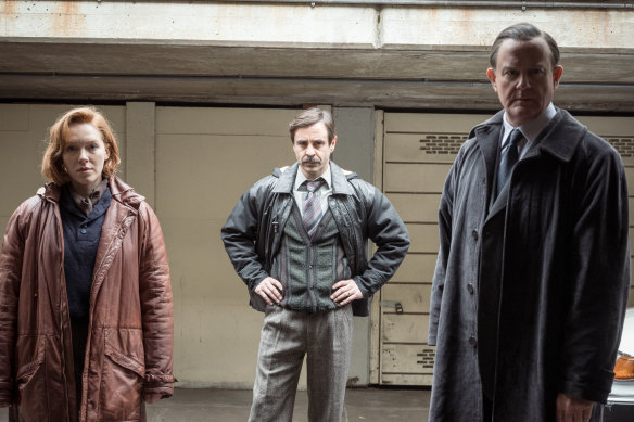 Charlotte Spencer, Emun Elliott and Hugh Bonneville in The Gold, a gripping drama based on the daring heist of bullion from a London warehouse in 1983.