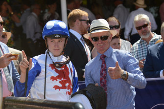 Mr Quickie's jockey Ben Allen and trainer Phillip Stokes after another win.  John Allen will ride in the SA Derby. 