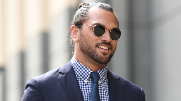 Karmichael Hunt arriving at court on Monday. One of the drugs charges had been dropped by Friday.