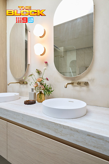 EMBARGO 16/08/2026 The Block 2026 Courtney and Sev Week 2 Family Bathroom Reveal
