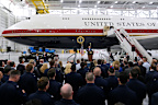 President Donald Trump speaks after touring the newly designated Air Force One