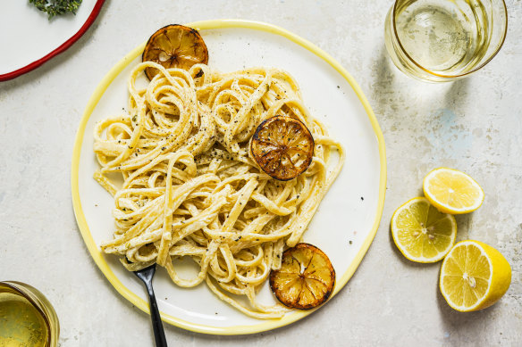 Creme fraiche and lemon pasta with optional charred lemon.