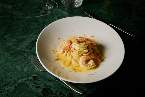 Mister Bianco’s saffron spaghettini with prawns, lemon butter and bottarga.