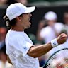 LONDON, ENGLAND - JULY 03: Alex De Minaur of Australia celebrates winning the third set against Arthur Cazaux of France during the Gentlemen’s Singles second round match on day four of The Championships Wimbledon 2025 at All England Lawn Tennis and Croquet Club on July 03, 2025 in London, England. (Photo by Mike Hewitt/Getty Images)