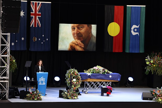 Neale Daniher's wife Jan speaks at the state funeral.