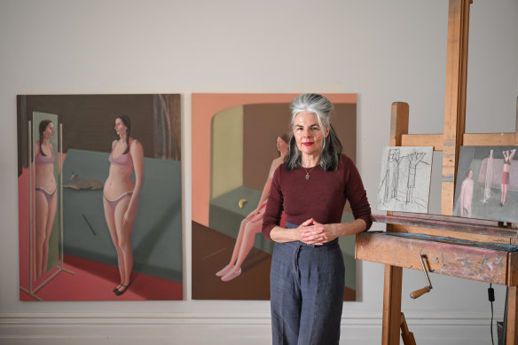 Prudence Flint in her home studio, with works from the NGV Triennial.