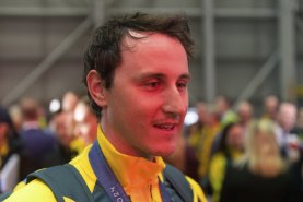 Cameron McEvoy. The Australian Olympic team arrive back in Sydney after Australia’s most successful Olympic campaign with 18 gold medals at 2024 Paris Olympics.  August 14, 2024. Photo: Rhett Wyman / SMH