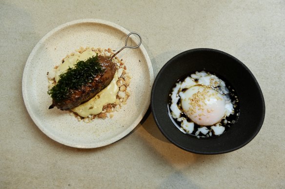 Tteok galbi tsukune skewer and onsen egg.