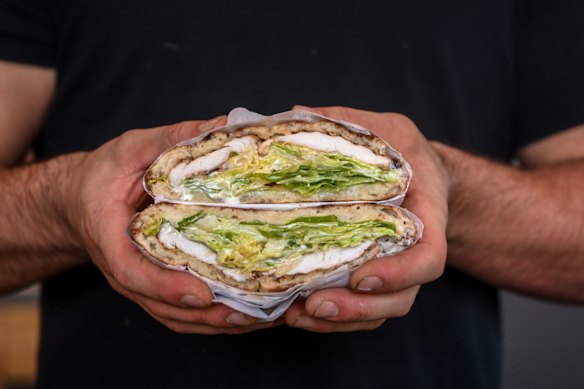 The cross-section of Rooster Bar’s $10.50 chicken fillet sanger.