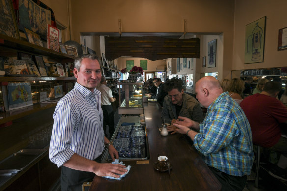 Sisto Malaspina's son David at the counter in Pellegrin's.