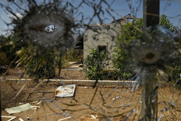 The view from Avida Bahar’s safe room in his home in Kibbutz Be’eri. He lost his right leg after being shot by Hamas.